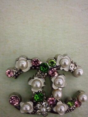 Silver Pearl & Crystal CC Brooch in Pink and Green